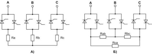 Подключение нагрузки к трехфазному тиристорному регулятору по схемам звезда и треугольник